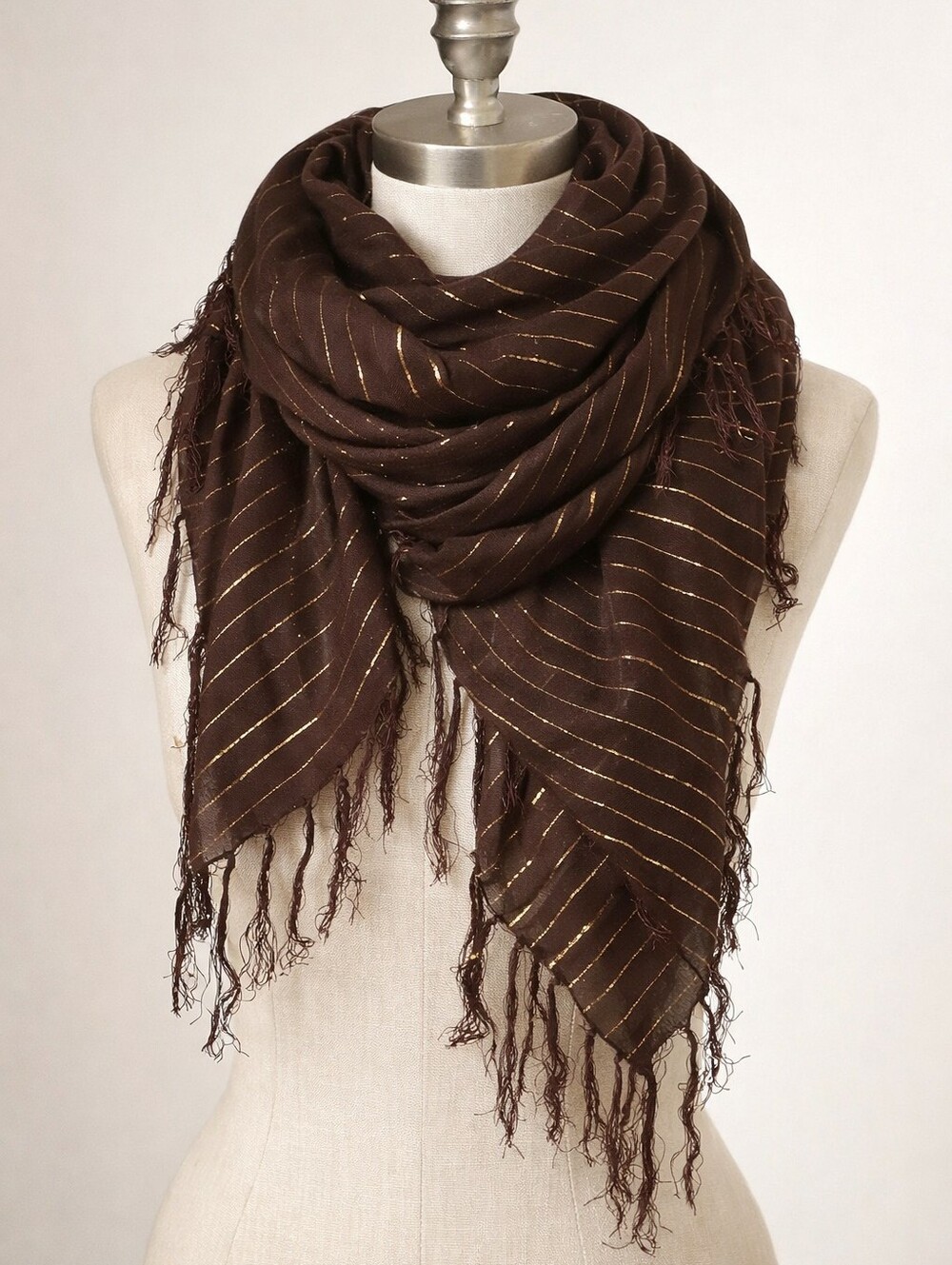 Brown Scarf Metallic Gold Stripe • Boho Fringe • Glam Festive • 40” Square